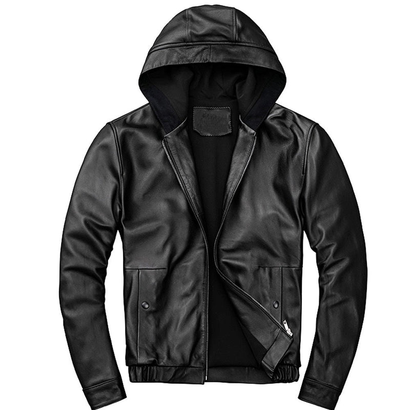 Mens Trendy Genuine Black Leather Hooded Bomber Jacket