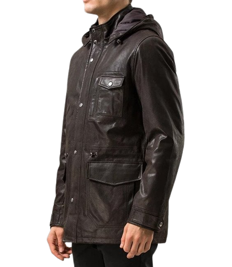 Mens Jax Front Button Choco Brown Hooded Leather Coat