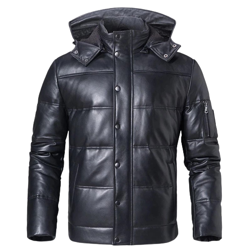 Mens Daylan Genuine Hooded Lambskin Leather Puffer Jacket