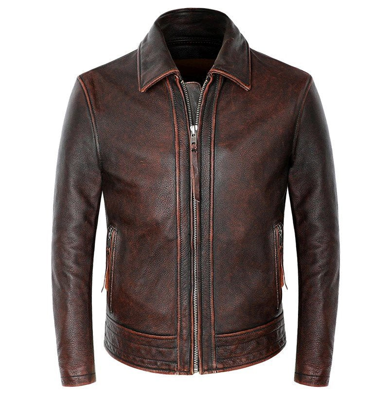 Mens Jackson Front Side Pocket Red Brown Genuine Lambskin Leather Jacket