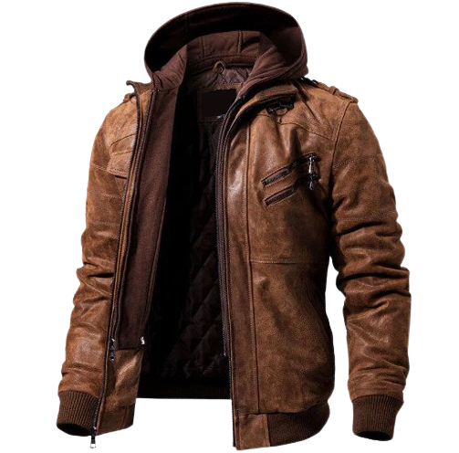 Mens Cyrus Genuine Lambskin Leather Distressed Hooded Bomber Jacket