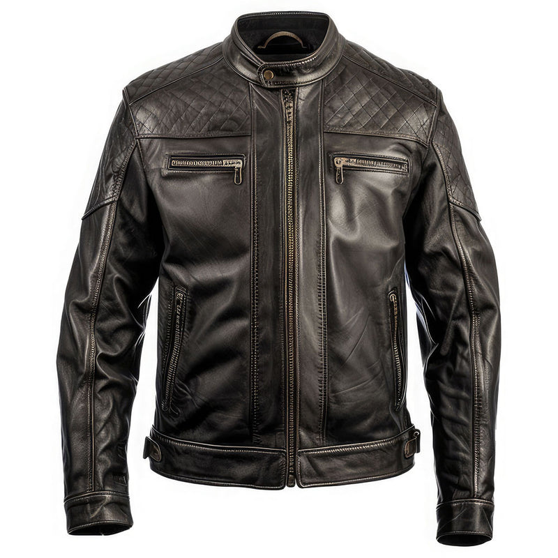 Men’s Rugged Brown Biker Stand-up Collar Genuine Lambskin Leather Jacket