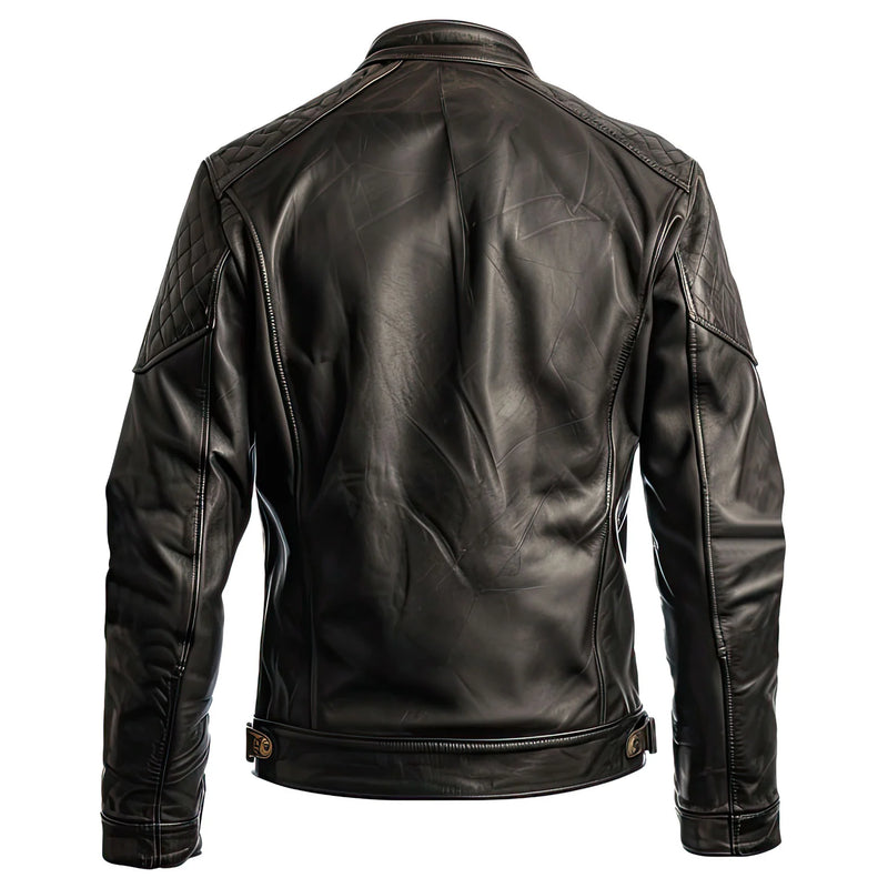 Men’s Rugged Brown Biker Stand-up Collar Genuine Lambskin Leather Jacket