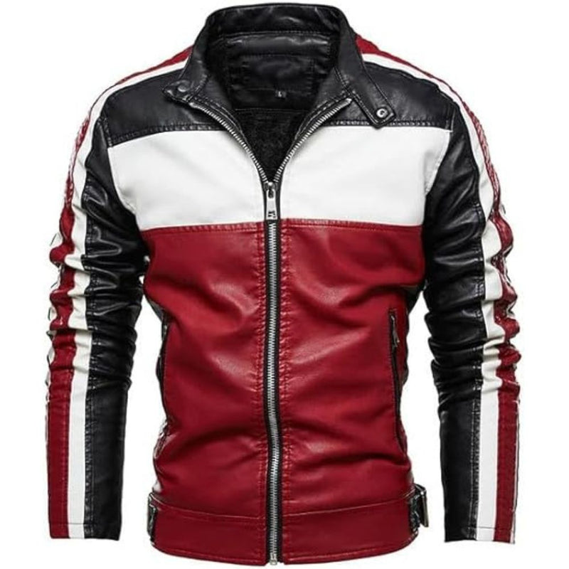 Men’s Gallant Red and Black Varsity Stand Collar Café Racer Genuine Lambskin Leather Jacket