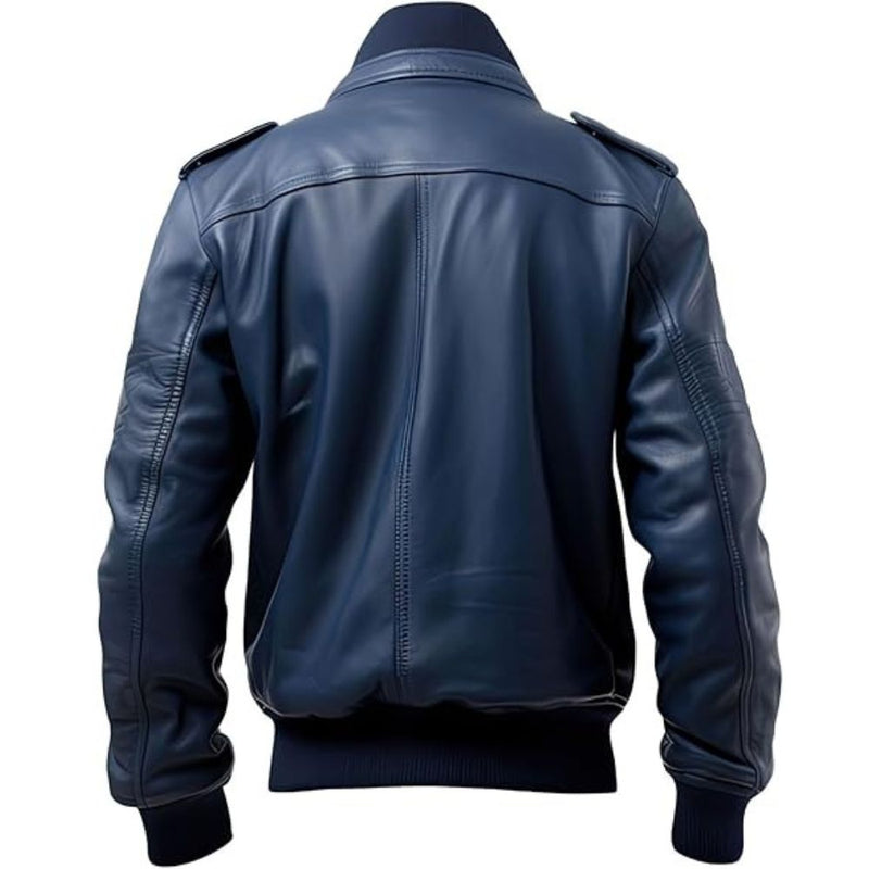 Men’s Apex Classic Blue Mandarin Collar Bomber Lambskin Leather Jacket