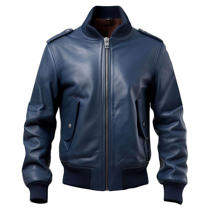 Men’s Apex Classic Blue Mandarin Collar Bomber Lambskin Leather Jacket
