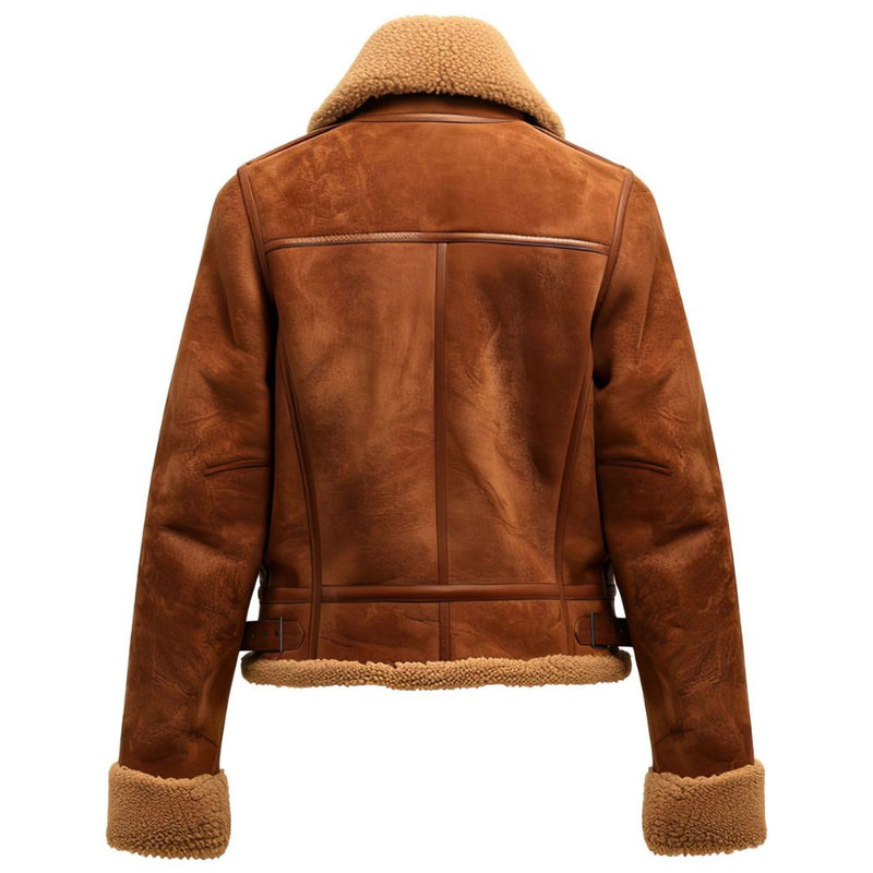 Womens Sapphire Brown Aviator Faux Fur Lined Collar & Cuff Suede Leather Jacket