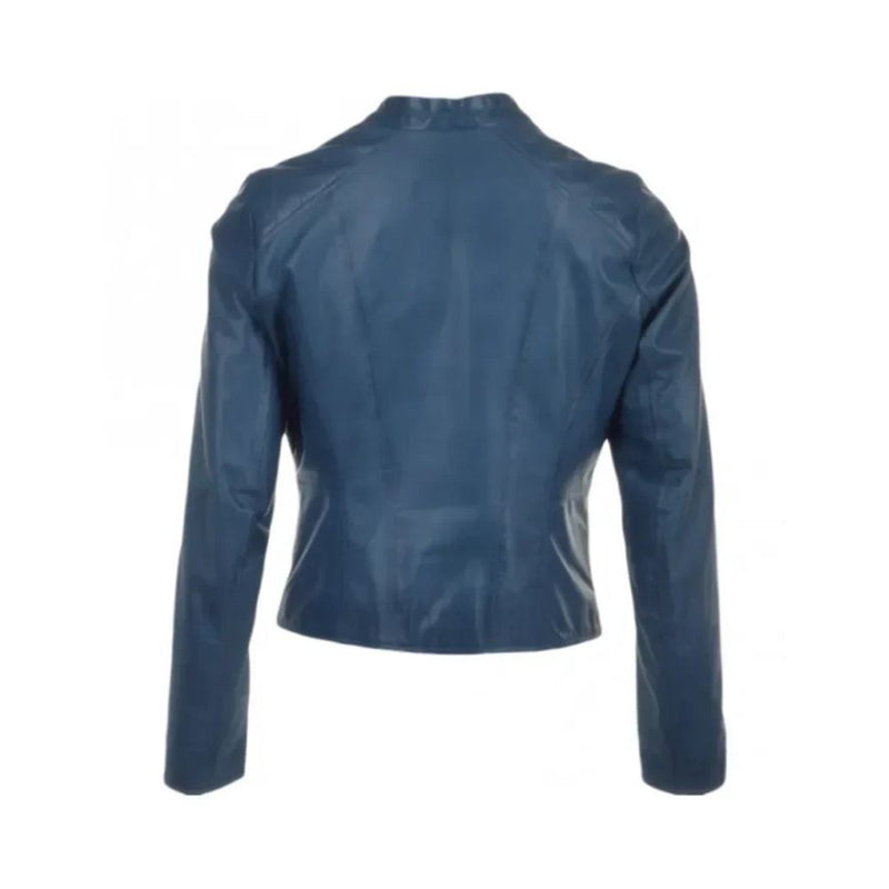 Women’s Iconic Winter Retro Blue Biker Genuine Sheepskin Leather Jacket