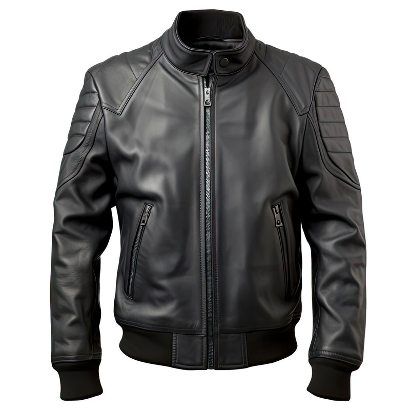 Men’s Ironclad Black Genuine Lambskin Rib Knit Slim-Fit Bomber Leather Jacket