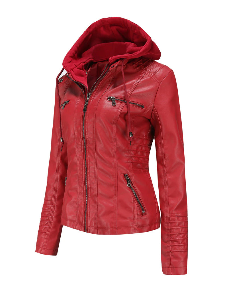Womens Naomi Genuine Lambskin Leather Hooded Jacket with Removable Hoodie