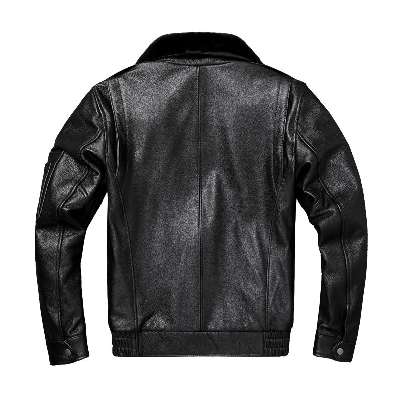 Mens Classic Style A2 Flight Aviator Black Real Cowhide Leather Jacket with Fur Collar