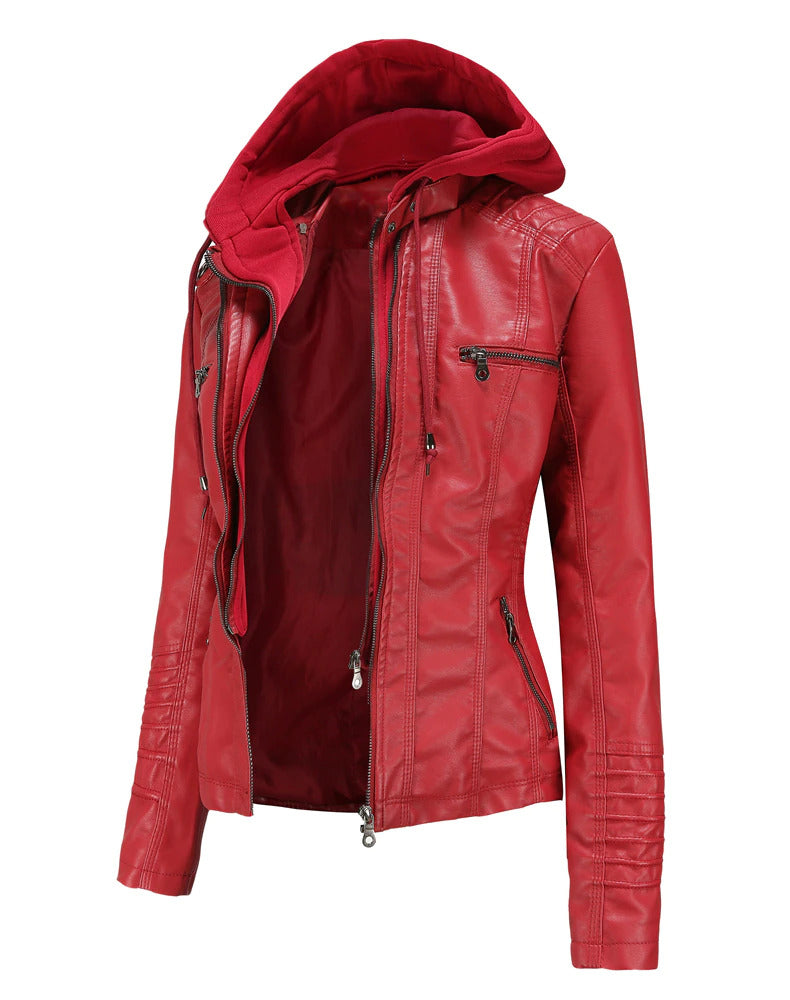 Womens Naomi Genuine Lambskin Leather Hooded Jacket with Removable Hoodie