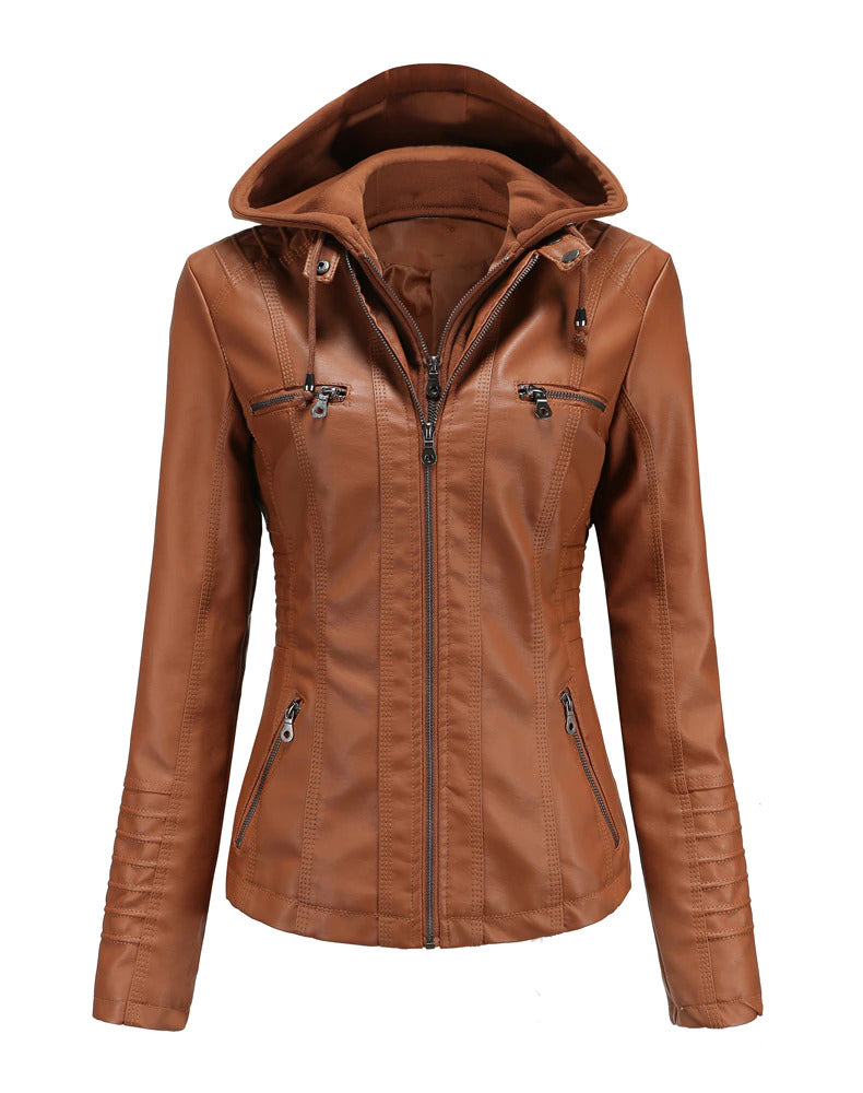 Womens Naomi Genuine Lambskin Leather Hooded Jacket with Removable Hoodie