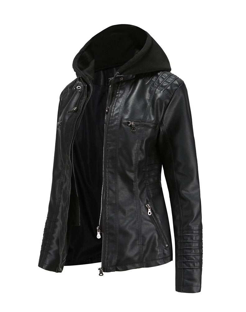 Womens Naomi Genuine Lambskin Leather Hooded Jacket with Removable Hoodie