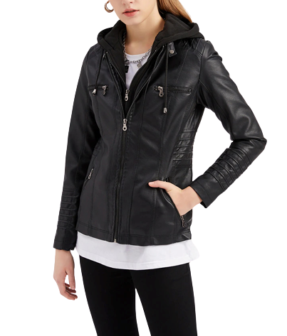 Womens Naomi Genuine Lambskin Leather Hooded Jacket with Removable Hoodie