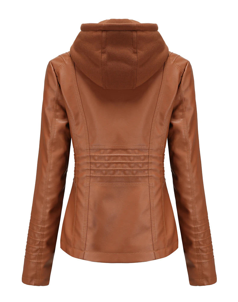 Womens Naomi Genuine Lambskin Leather Hooded Jacket with Removable Hoodie
