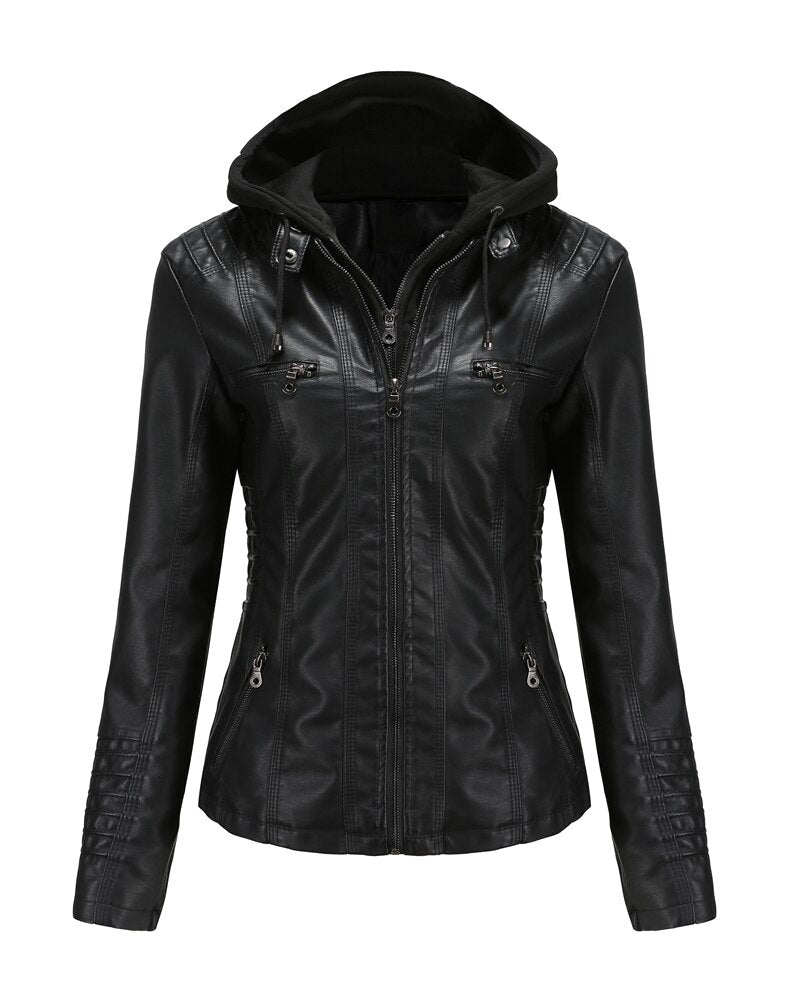 Womens Naomi Genuine Lambskin Leather Hooded Jacket with Removable Hoodie
