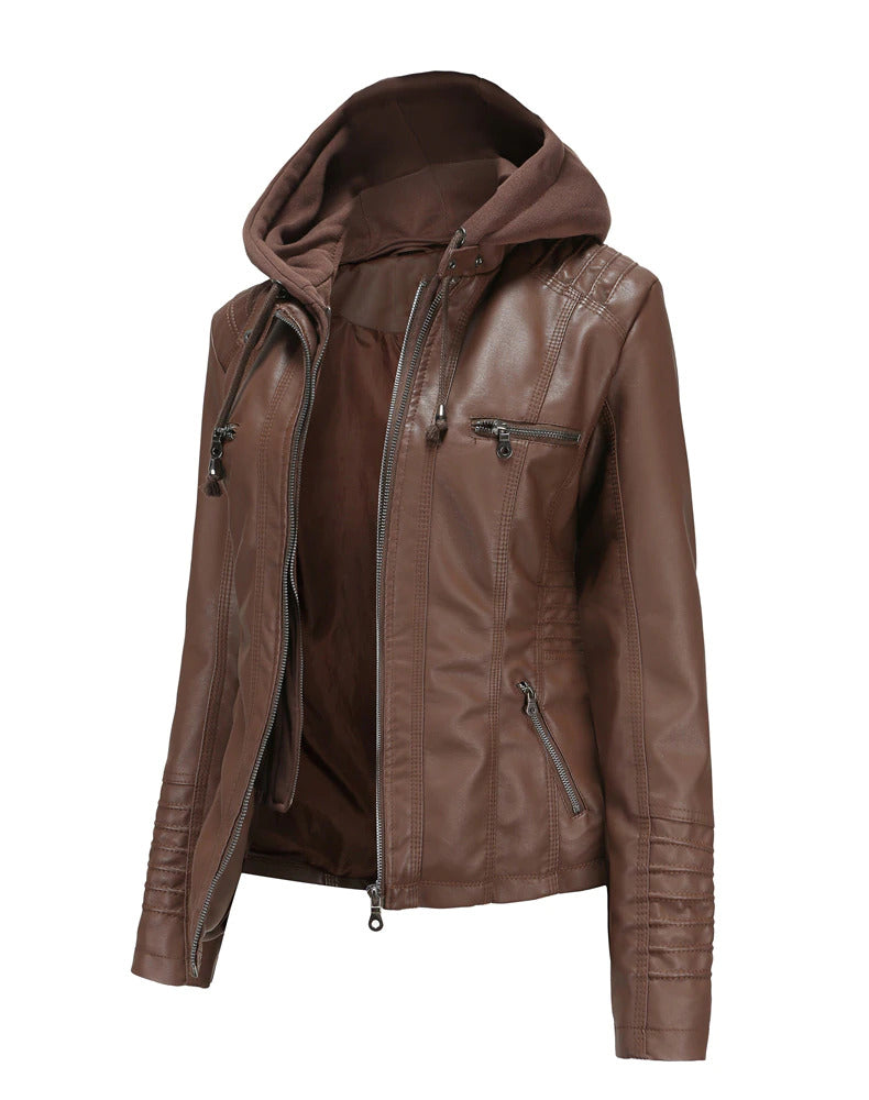 Womens Naomi Genuine Lambskin Leather Hooded Jacket with Removable Hoodie