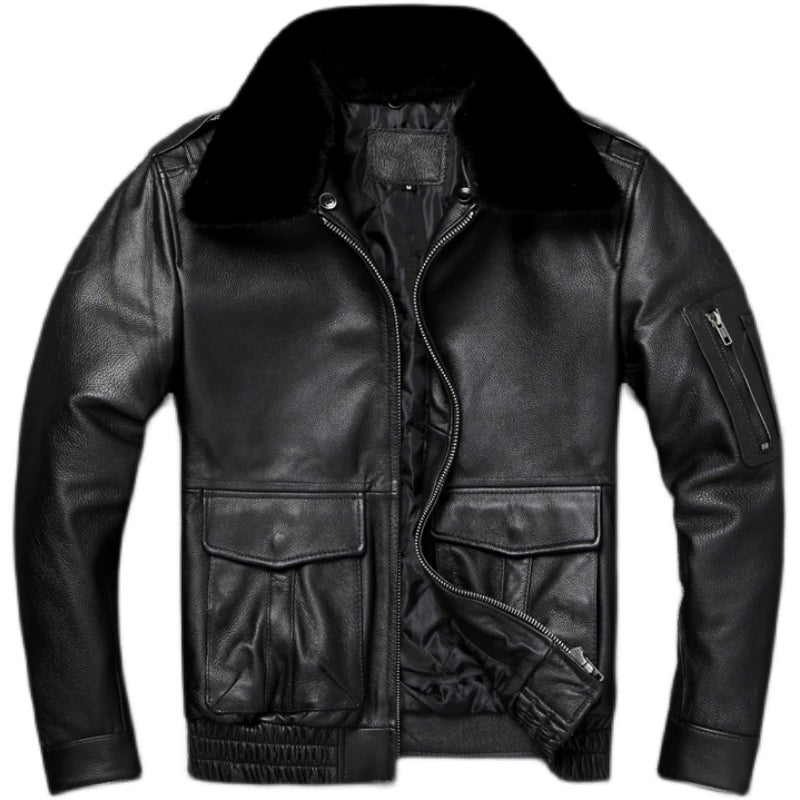 Mens Classic Style A2 Flight Aviator Black Real Cowhide Leather Jacket with Fur Collar