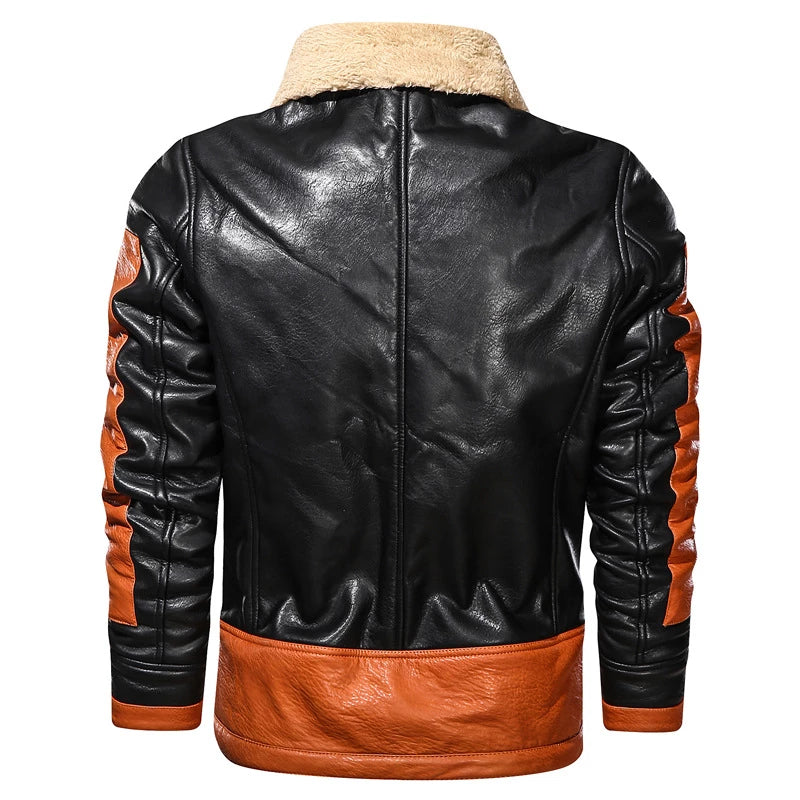 Mens Retro Genuine Lambkin Leather Multi Patch Faux Fur Lined Jacket