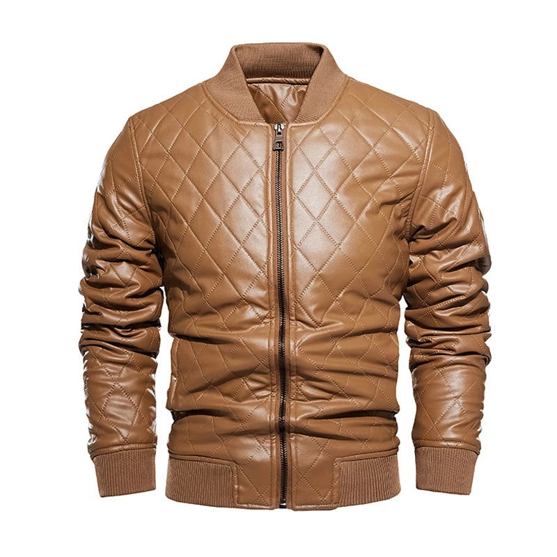 Mens Bishop Quilted Genuine Lambskin Leather Bomber Jacket