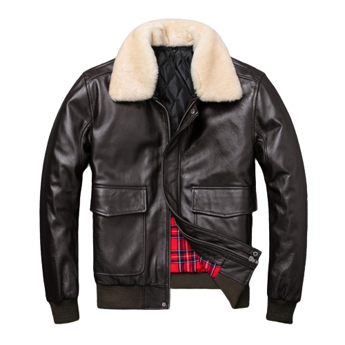Mens Knox Flight Bomber Genuine Lambskin Leather Fur Collar Cotton Checked Lined Jacket