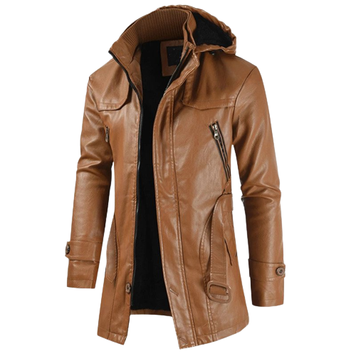 Mens Zane Front Button and Zippered Hooded Leather Coat