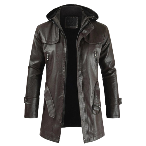 Mens Zane Front Button and Zippered Hooded Leather Coat