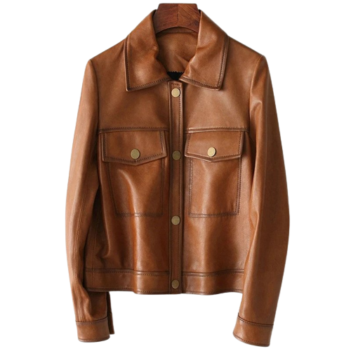 Womens Zoe Front Pocket Brown Genuine Lambskin Leather Jacket