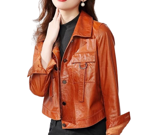 Womens Hazel Front Pocket Tan Genuine Lambskin Leather Jacket