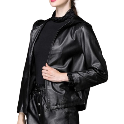 Womens Harper Genuine Black Leather Hooded Bomber Jacket