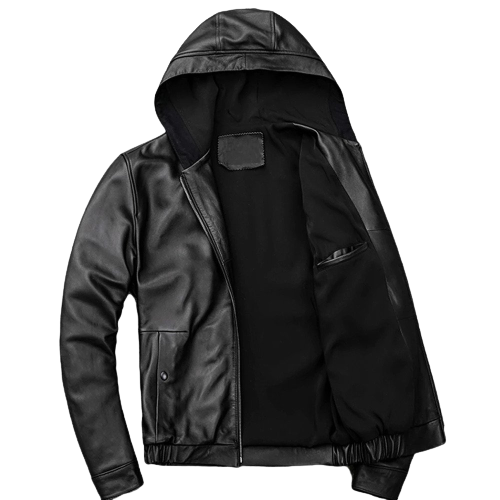 Mens Trendy Genuine Black Leather Hooded Bomber Jacket