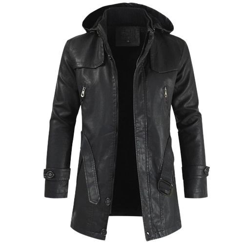 Mens Zane Front Button and Zippered Hooded Leather Coat