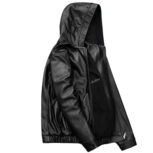 Mens Trendy Genuine Black Leather Hooded Bomber Jacket