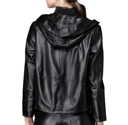 Womens Harper Genuine Black Leather Hooded Bomber Jacket