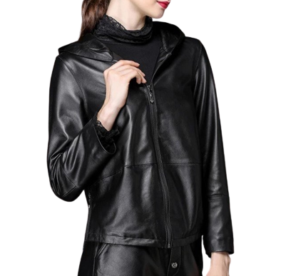 Womens Harper Genuine Black Leather Hooded Bomber Jacket