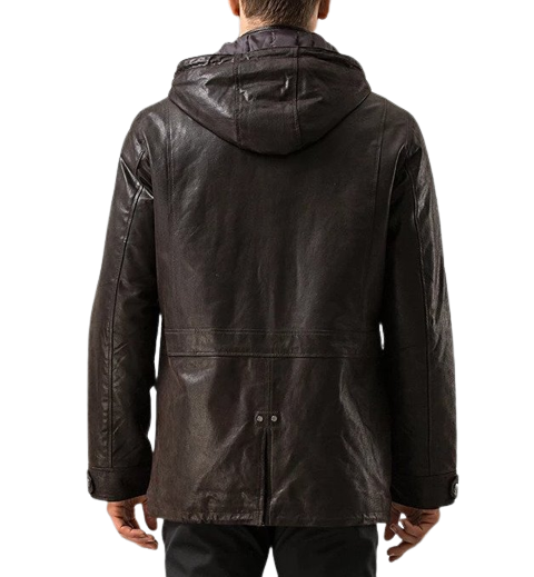 Mens Jax Front Button Choco Brown Hooded Leather Coat
