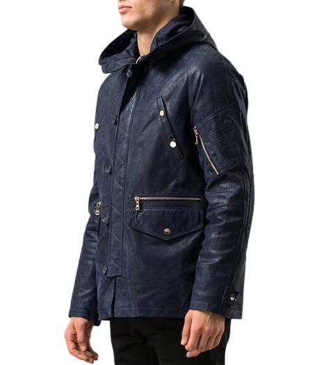 Mens Maverick Front Button Navy Blue Hooded Leather Coat
