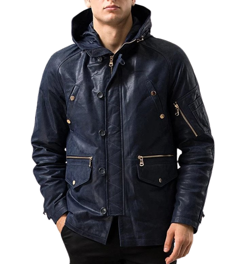 Mens Maverick Front Button Navy Blue Hooded Leather Coat