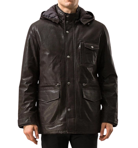 Mens Jax Front Button Choco Brown Hooded Leather Coat