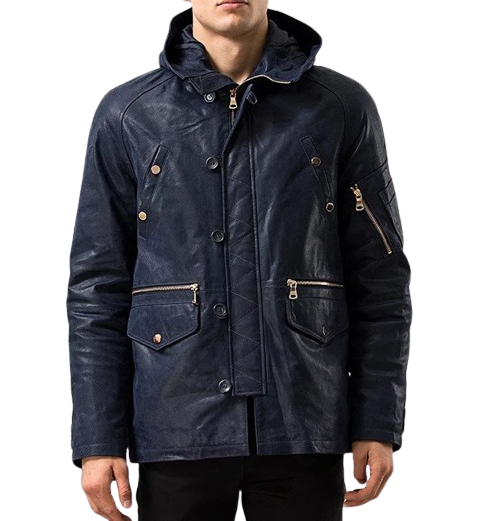 Mens Maverick Front Button Navy Blue Hooded Leather Coat