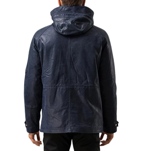 Mens Maverick Front Button Navy Blue Hooded Leather Coat