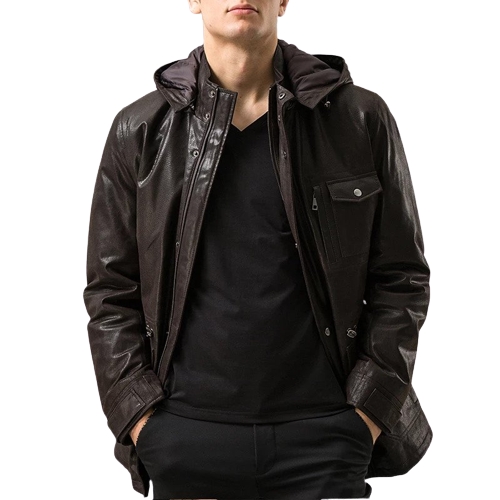 Mens Jax Front Button Choco Brown Hooded Leather Coat