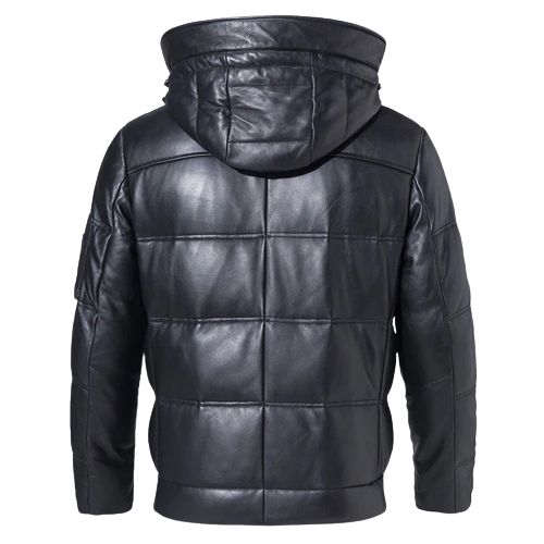 Mens Daylan Genuine Hooded Lambskin Leather Puffer Jacket
