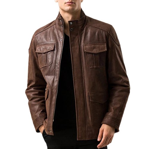 Mens Hunter Front Pocket Brown Genuine Cow Leather Jacket