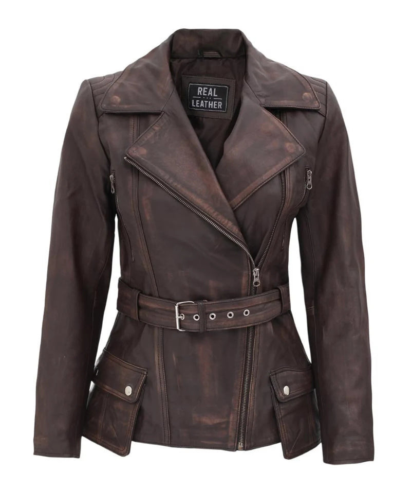 Womens Hannah Genuine Lambskin Distressed Leather Coat