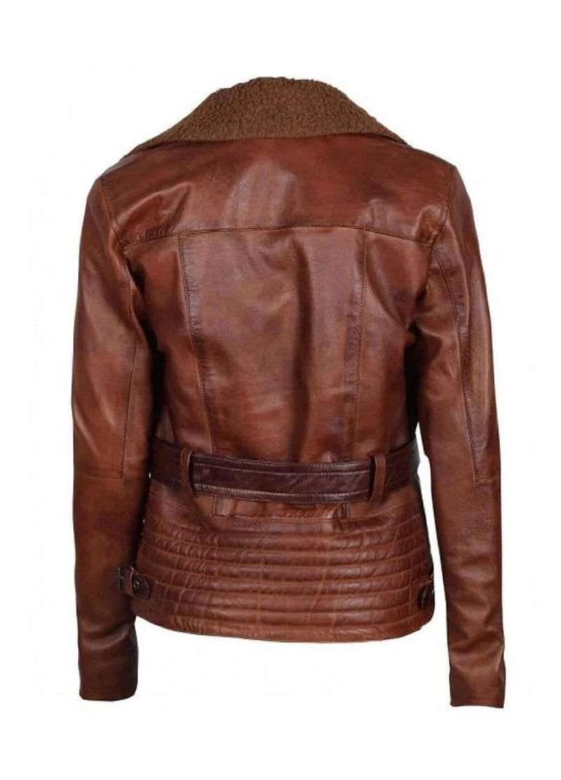 Womens Avery Genuine Lambskin Distressed Leather Fur Collar Biker Jacket