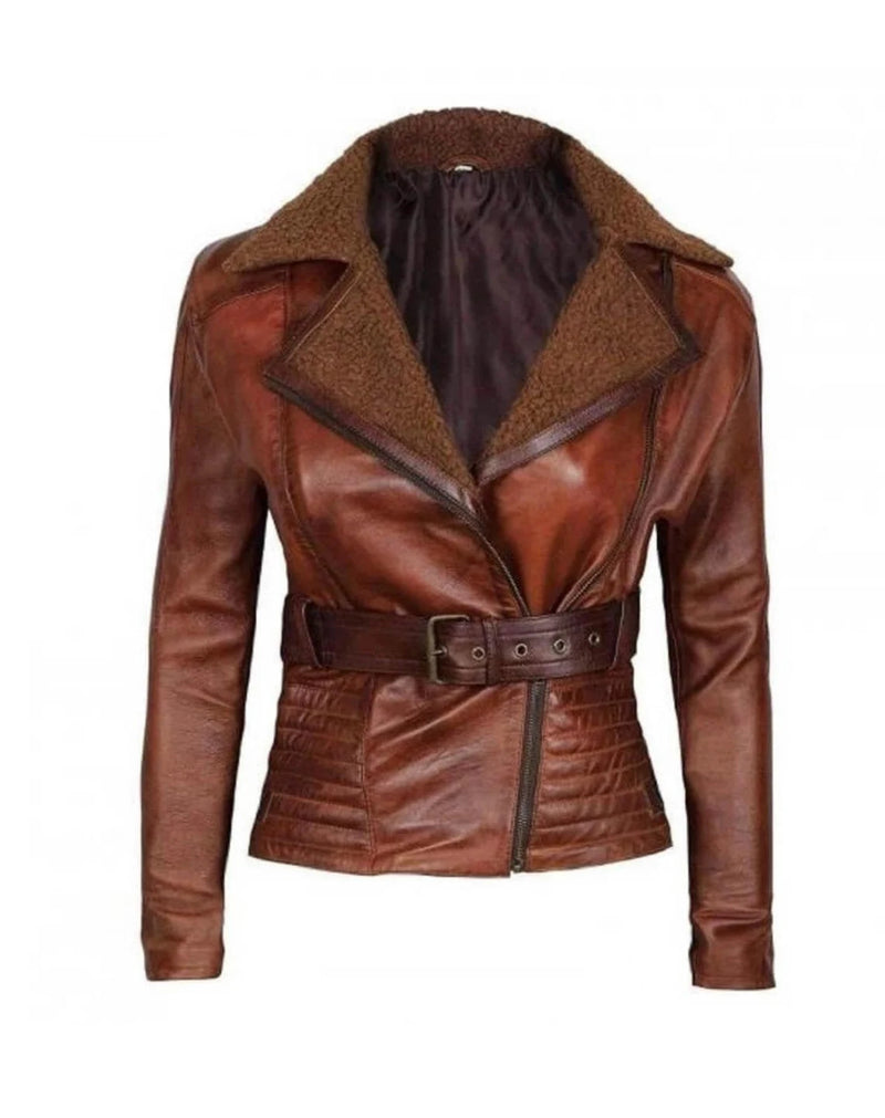 Womens Avery Genuine Lambskin Distressed Leather Fur Collar Biker Jacket