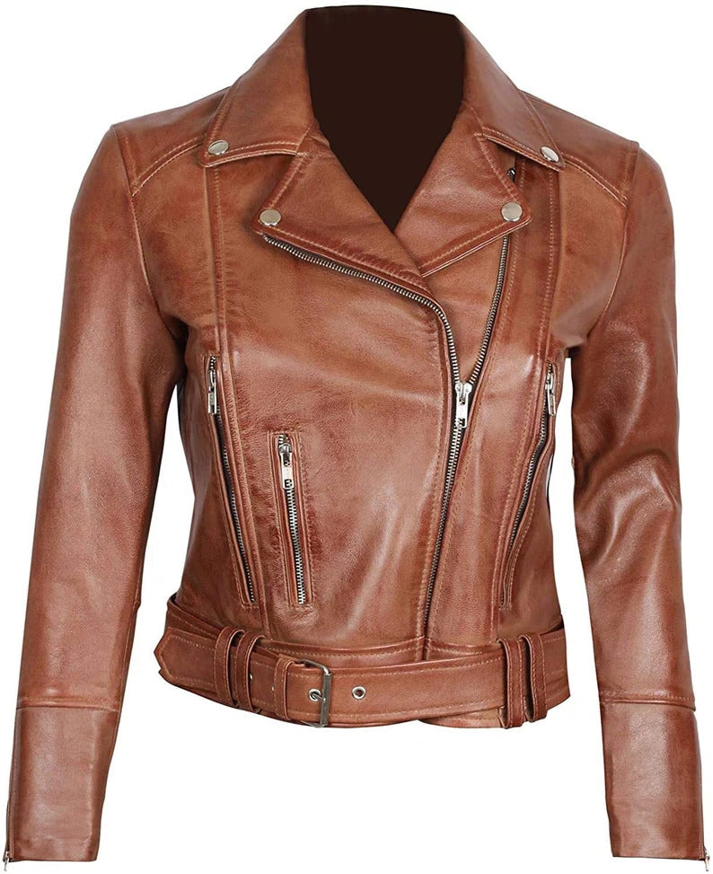 Womens Sevyn Genuine Lambskin Biker Leather Jacket