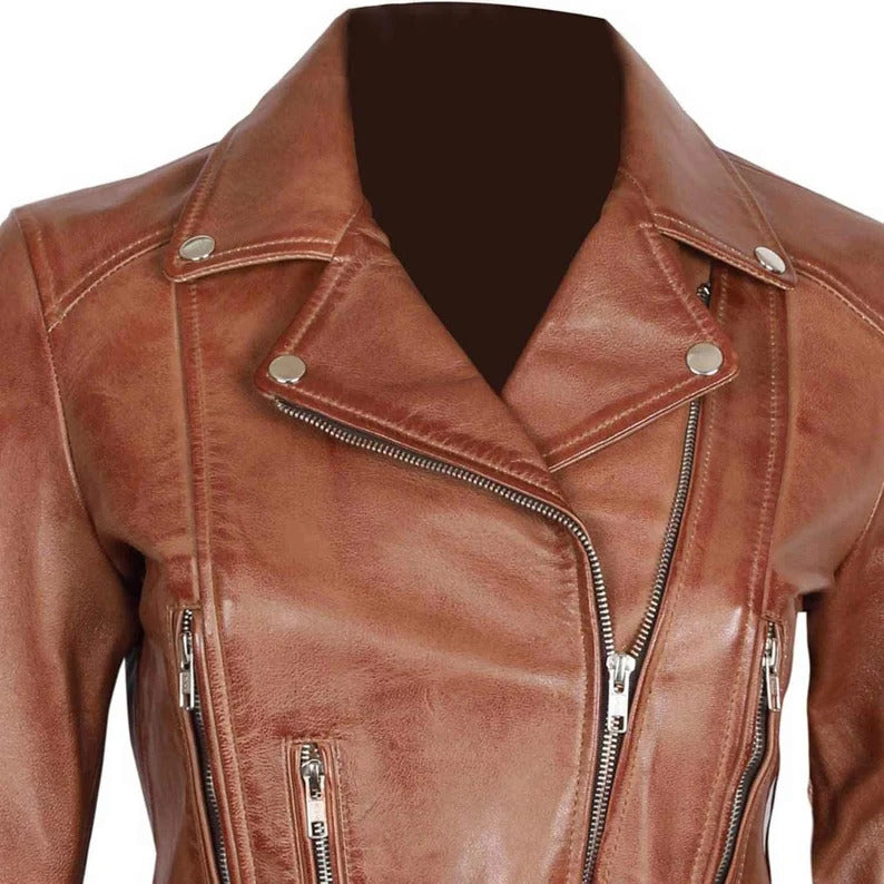 Womens Sevyn Genuine Lambskin Biker Leather Jacket